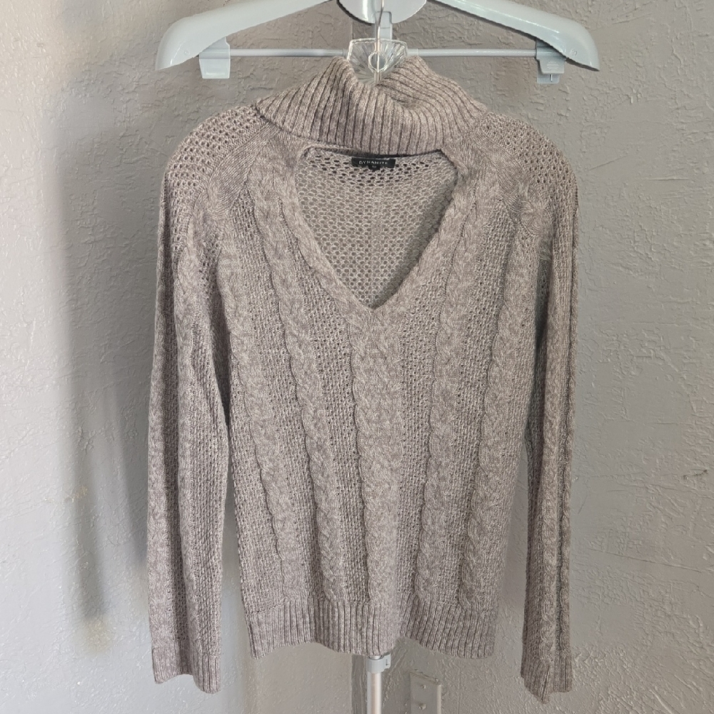 Dynamite Gray Cowl Neck Sweater Cozy Cable Knit Cut Out Fall Neutral
